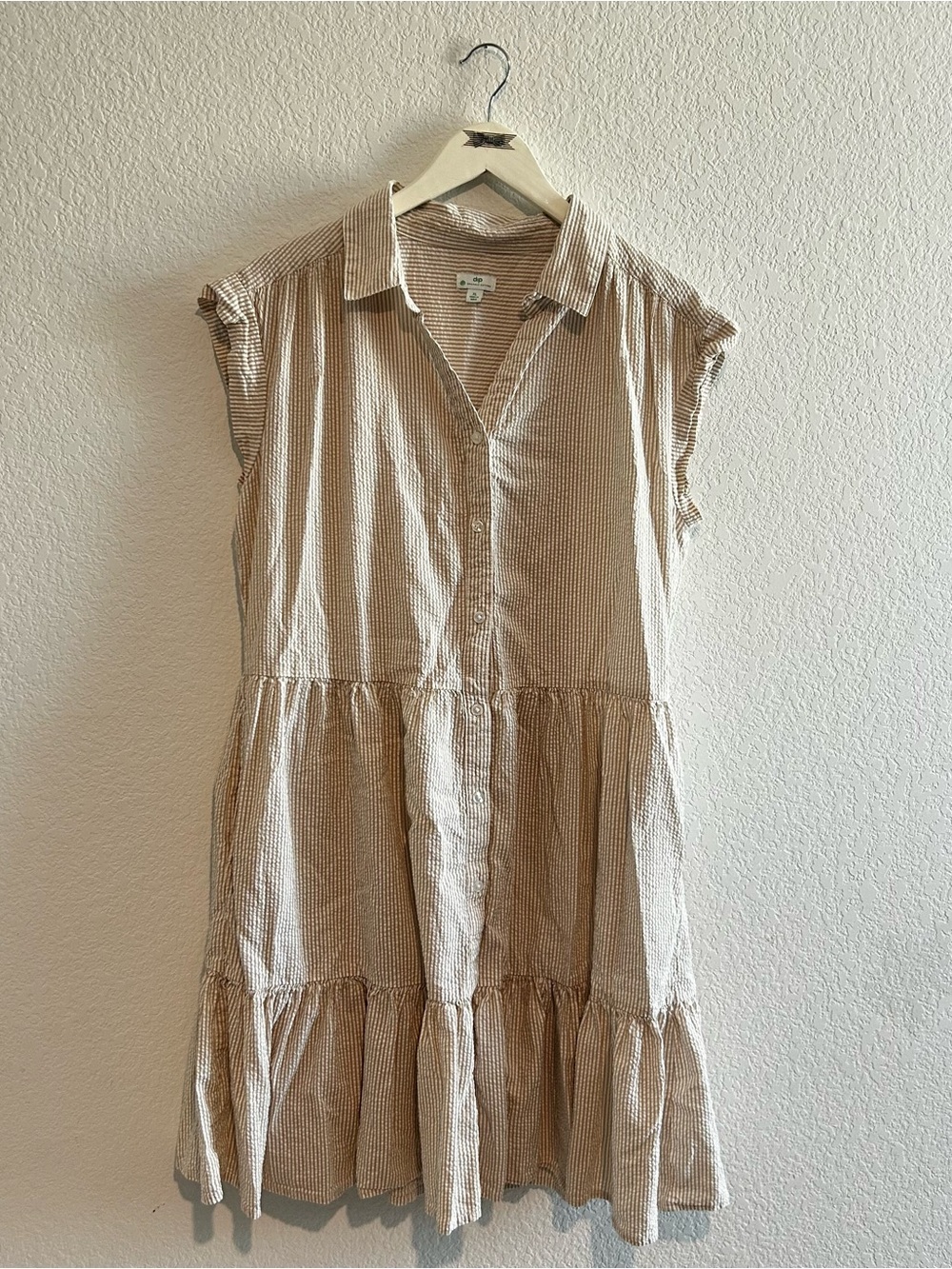 Dip Organic Cotton Dress XL Seersucker Brown Beige & Creme Striped Tiered V-Neck